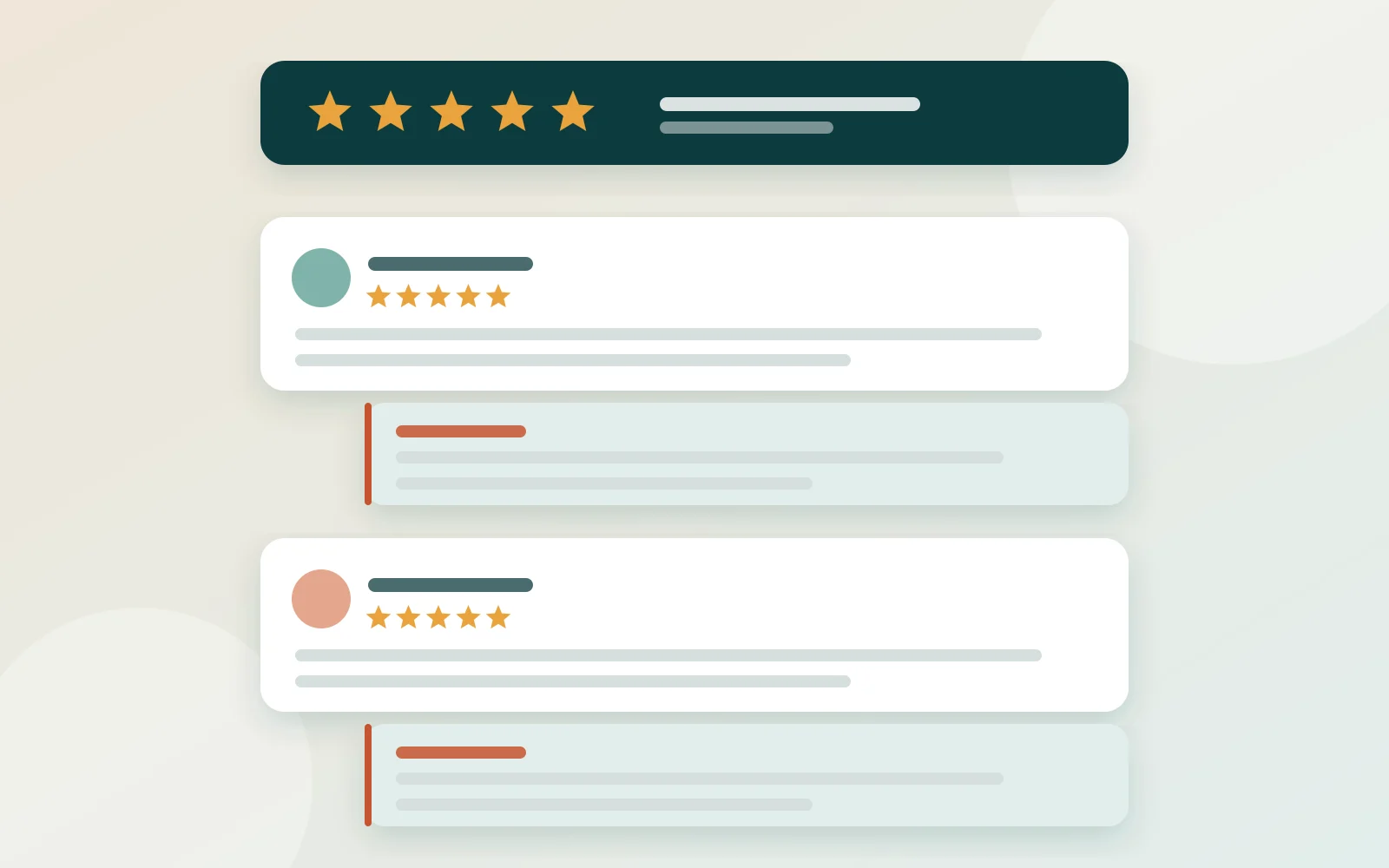 An illustration of star ratings on review cards, each with an owner's reply under it.