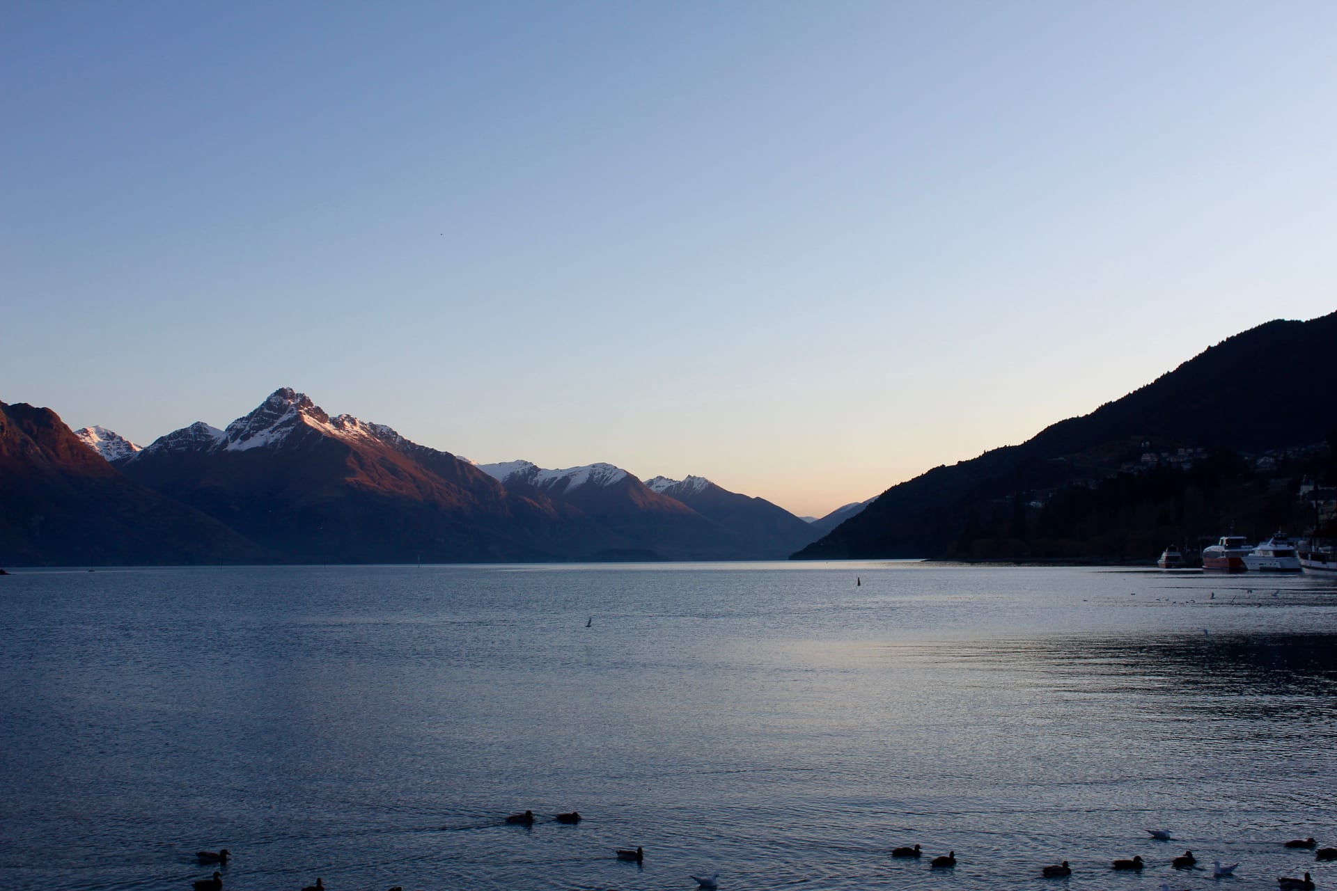Lake Wakatipu at dusk in Queenstown, New Zealand